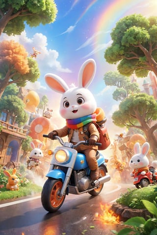  professional 3d model,anime artwork pixar,3d style,good shine,OC rendering,highly detailed,volumetric,dramatic lighting,furry,cute,(a bunny riding a motorcycle:1.1),rabbit,solo,(motor vehicle:1.2),riding,scarf,running on the rainbow,tree,extreme perspective,looking up at the camera,rainbow,fire spray,speed,humorous,beautiful colorful background,very beautiful,masterpiece,best quality,super detail,anime style,key visual,vibrant,studio anime,3D\(hubgstyle)\