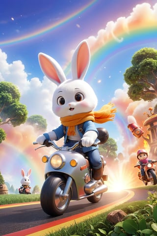  professional 3d model,anime artwork pixar,3d style,good shine,OC rendering,highly detailed,volumetric,dramatic lighting,furry,cute,(a bunny riding a motorcycle:1.1),rabbit,solo,(motor vehicle:1.2),riding,scarf,running on the rainbow,tree,extreme perspective,looking up at the camera,rainbow,fire spray,speed,humorous,beautiful colorful background,very beautiful,masterpiece,best quality,super detail,anime style,key visual,vibrant,studio anime,3D\(hubgstyle)\