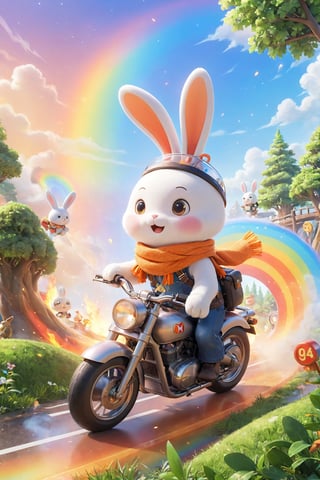  professional 3d model,anime artwork pixar,3d style,good shine,OC rendering,highly detailed,volumetric,dramatic lighting,furry,cute,(a bunny riding a motorcycle:1.1),rabbit,solo,(motor vehicle:1.2),riding,scarf,running on the rainbow,tree,extreme perspective,looking up at the camera,rainbow,fire spray,speed,humorous,beautiful colorful background,very beautiful,masterpiece,best quality,super detail,anime style,key visual,vibrant,studio anime,3D\(hubgstyle)\