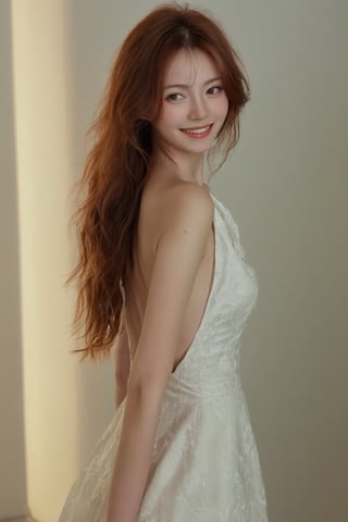  ultra wide field, ultra dynamic lighting amazing shadows, Deep photo,depth of field,shadows,
hubggirl, messy hair,smile:0.8,grainy,dimly lit,red hair,white backless_dress,
