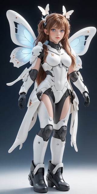 (ultra realistic,best quality),photorealistic,Extremely Realistic, in depth, cinematic light,butterfly\(hubggirl)\,hubg_mecha_girl,hubggirl,

1 girl, solo, long hair, looking at viewer, blush, bangs, blue eyes, simple background, brown hair, gloves, white background, armored suit, twintails, standing, full body, colorful hair, hair band, boots, black gloves , armor, headgear, 

intricate background, realism,realistic,raw,analog,portrait,photorealistic,