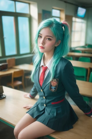  photorealistic,portrait of hubggirl, (ultra realistic,best quality),photorealistic,Extremely Realistic, in depth, cinematic light, 1girl, solo, looking at viewer, red and cyan theme, sexy pose, (light green hair,multicolored hair), full body shot, school uniform, perfect lighting, vibrant colors, intricate details, high detailed skin, pale skin, intricate background,hubggirl