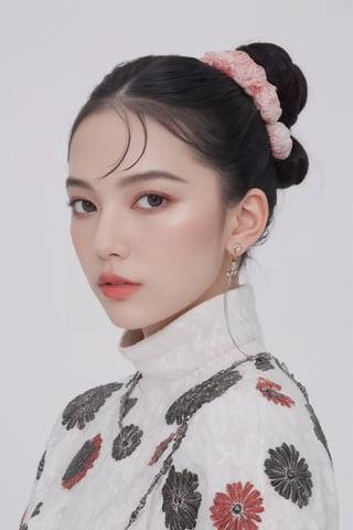 a potrait of a hubggirl, red eyes, black hair, hair bun with accessories, cloud pattern on garment, mystical, 
pale skin, blush on cheeks, 
white background, portrait, upper body shot, artful composition, detailed line art, vibrant color contrast,