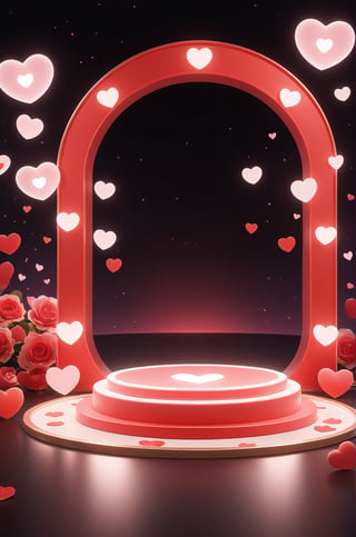3D\(hubgstyle)\,
a round podium on the ground in the middle, Valentine's Day theme, glowing hearts, a door shape frame in the background, dark lighting, 

professional 3d model, anime artwork pixar, 3d style, good shine, OC rendering, highly detailed, volumetric, dramatic lighting, 