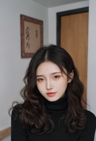 raw, photo, realistic BREAK an woman,clean skin,wearing a black turtleneck sweater,soft hair,black long curly hair,looking at the camera,More Reasonable Details,hubggirl,Chinese girl