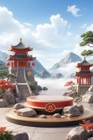 3D\(hubgstyle)\,
a round podium on the ground in the middle, Chinese aesthetic, Chinese architecture on both sides, rocks, trees, mountains and clouds in the background,

professional 3d model, anime artwork pixar, 3d style, good shine, OC rendering, highly detailed, volumetric, dramatic lighting, 