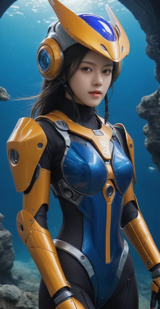 (ultra realistic,best quality),photorealistic,Extremely Realistic, in depth, cinematic light,mecha\(hubggirl)\,

a girl, thunder Orange, tight suit,Space helmet of the 1990s,and the anime series ace, Fantastic Surrealism, Post-apocalyptic, Cute Illustration, Bio-Robotic Art, Fantasy Digital Painting, alien planet Landscapes, Space Dragon with a futurastic underwater helm Fantasy, Art, Surrealism, Geomorphologie-Kunst, Fluid Art, Underwater Photography, Biomechanical Sculpture, Kemono, Beautiful Girl Turned to the Camera, Blue Background, 

particle effects, perfect hands, perfect lighting, vibrant colors, 
intricate details, high detailed skin, 
intricate background, realism, realistic, raw, analog, taken by Canon EOS,SIGMA Art Lens 35mm F1.4,ISO 200 Shutter Speed 2000,Vivid picture,