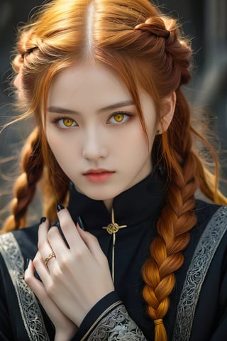 stunning anime portrait of a red-haired girl with intense yellow eyes, close-up view, intricate hand details, braided hair, dark clothing, strong light and shadow contrasts, black nails, 17 years old, digital illustration, inspired by yoshitaka amano, masterpiece