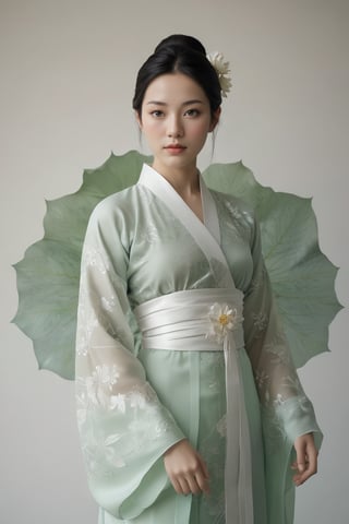 (ultra realistic,best quality),photorealistic,Extremely Realistic,in depth,cinematic light,hubggirl, BREAK breathtaking ancient chinese beauty, wearing hanfu, standing by one enormous lotus leave with intricate patterns, median transparent/translucent lotus leave, soft glow, in the style of albert watson, minimalism, light emerald and white, simple white background, surrealist, feminine sensibilities . award-winning, professional, highly detailed