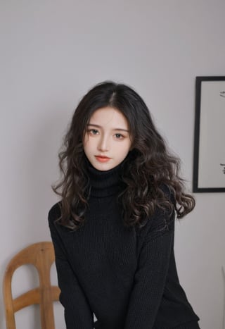 raw, photo, realistic BREAK an woman,clean skin,wearing a black turtleneck sweater,soft hair,black long curly hair,looking at the camera,More Reasonable Details,hubggirl,Chinese girl