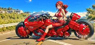 beautiful, skinny girl, large breasts, red killer virgin sweatert, red thigh high boots, highly detailed, pink hair, pigtails, riding on motorcycle, cleavage showing, side boob, highway, skidding sideways, full moon, 
