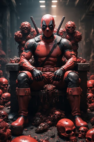 A legendary shot of Deadpool in a dark and gritty setting. He is sitting on a throne of skulls, surrounded by the detritus of battle. The pose is dynamic and engaging, with Deadpool looking directly at the viewer. The colors are vibrant and saturated, with a strong emphasis on red and black. The level of detail is incredible, with every skull and every piece of armor rendered in stunning realism. The image has been post-processed to add even more detail and atmosphere. The overall effect is one of ultra-realism and cinematic quality.

