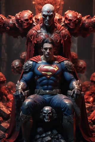 A legendary shot of superman in a dark and gritty setting. He is sitting on a throne of skulls, surrounded by the detritus of battle. The pose is dynamic and engaging, with superman looking directly at the viewer. The colors are vibrant and saturated, with a strong emphasis on red and black. The level of detail is incredible, with every skull and every piece of armor rendered in stunning realism. The image has been post-processed to add even more detail and atmosphere. The overall effect is one of ultra-realism and cinematic quality.

