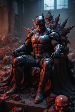 A legendary shot of batman in a dark and gritty setting. He is sitting on a throne of skulls, surrounded by the detritus of battle. The pose is dynamic and engaging, with superman looking directly at the viewer. The colors are vibrant and saturated, with a strong emphasis on red and black. The level of detail is incredible, with every skull and every piece of armor rendered in stunning realism. The image has been post-processed to add even more detail and atmosphere. The overall effect is one of ultra-realism and cinematic quality.

