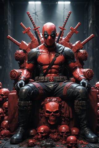 A legendary shot of Deadpool in a dark and gritty setting. He is sitting on a throne of skulls, surrounded by the detritus of battle. The pose is dynamic and engaging, with Deadpool looking directly at the viewer. The colors are vibrant and saturated, with a strong emphasis on red and black. The level of detail is incredible, with every skull and every piece of armor rendered in stunning realism. The image has been post-processed to add even more detail and atmosphere. The overall effect is one of ultra-realism and cinematic quality.

