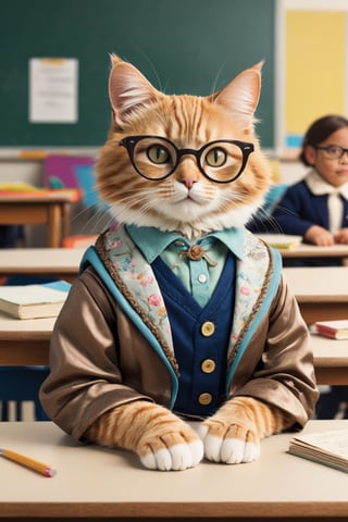 Envision an adorable and playful scene: A cat sits in a classroom front of a foodtable, adorned with glasses and a vintage jacket, resembling an intellectual little princess