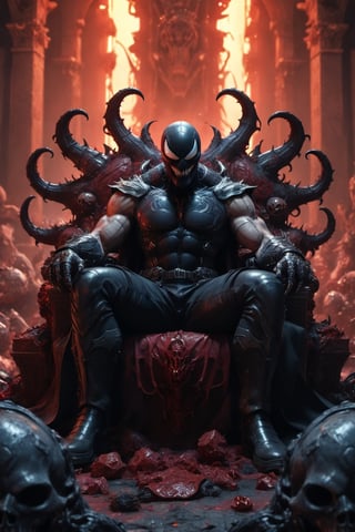 A legendary shot of venom in a dark and gritty setting. He is sitting on a throne of skulls, surrounded by the detritus of battle. The pose is dynamic and engaging, with venom looking directly at the viewer. The colors are vibrant and saturated, with a strong emphasis on red and black. The level of detail is incredible, with every skull and every piece of armor rendered in stunning realism. The image has been post-processed to add even more detail and atmosphere. The overall effect is one of ultra-realism and cinematic quality.

,Muscle