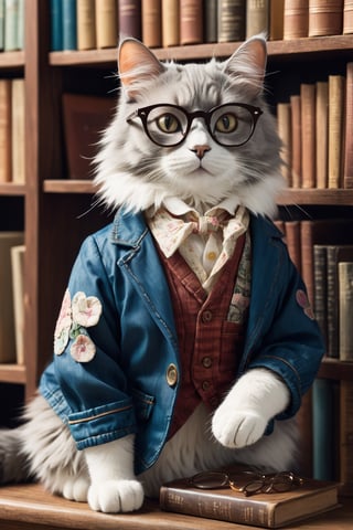 Envision an adorable and playful scene: A cat sits in front of a bookshelf, adorned with glasses and a vintage jacket, resembling an intellectual little princess
