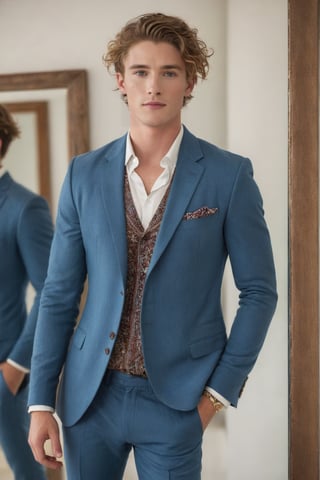 ((European male)), young, ((25 years old)), ((high school boy)), handsome, ((wave hair)), blue eyes, ((jawline)), ((freckle whole body)), ((showing upper body)), open upper chest, bohemian clothes style, bohemian jewelry, full body. in suit looking in the mirror, manly face