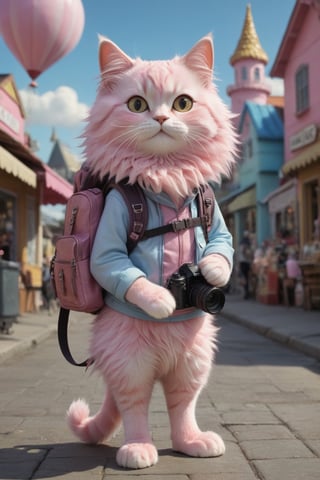 tiny pink cat with big giant backpack with camera in hands character, full body,  big puffu tail (((art by Aaron Jasinski))),   Enchanted Masterpiece, fantasy-core, Award-Winning, Masterpiece, contrast, faded , soft colors, Enchanted Masterpiece, Award-Winning, Masterpiece, contrast, faded, city 
and ice cream shope background
    ,more detail XL