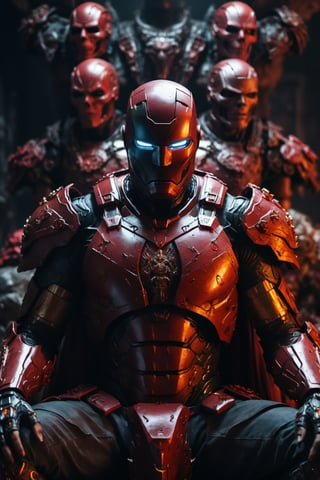 A legendary shot of ironman in a dark and gritty setting. He is sitting on a throne of skulls, surrounded by the detritus of battle. The pose is dynamic and engaging, with ironman looking directly at the viewer. The colors are vibrant and saturated, with a strong emphasis on red and black. The level of detail is incredible, with every skull and every piece of armor rendered in stunning realism. The image has been post-processed to add even more detail and atmosphere. The overall effect is one of ultra-realism and cinematic quality.

