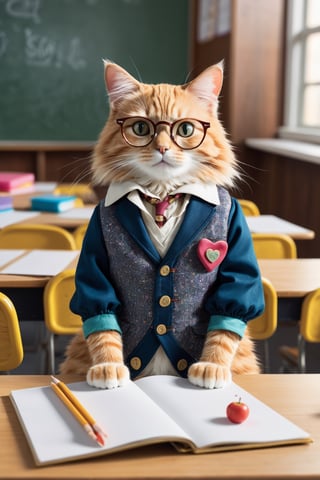 Envision an adorable and playful scene: A cat sits in a classroom front of a foodtable, adorned with glasses and a vintage jacket, resembling an intellectual little princess