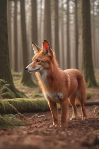 Realistic photo of the red [dog : fox with (long dog ears:1.8) : 8] in a forest. Soft fur, delicate wool. High quality, UHD, 8k, 4k, detailed, soft light, DSLR quality, stock quality, professional,  BBC world, running