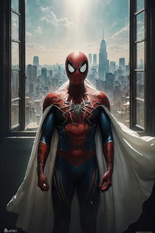(best quality, 4k, 8k, highres, masterpiece:1.2), ultra-detailed, (realistic, photorealistic, photo-realistic:1.37), (A breathtaking 8K photorealistic concept art masterpiece, (Spiderman adorned in a stunning white and gold armor-style suit, unmasked, with a white cape billowing gracefully:1.3), Set against the backdrop of a highly detailed night cityscape, captured with perfect composition and sharp focus, (A cinematic vision of artistry:1.3), Bathed in soft, natural volumetric lighting, the chiaroscuro effect enhancing the intricate details of the suit, (A true award-winning photograph:1.3), Created in the style reminiscent of the great masters Raphael, Caravaggio, and modern visionaries like Greg Rutkowski, Beeple, Beksinski, and Giger, (A piece trending on ArtStation for its artistic brilliance:1.3), This oil on canvas marvel is a testament to artistic excellence, showcasing Spiderman as you've never seen him before, (An artistic achievement beyond compare:1.3)