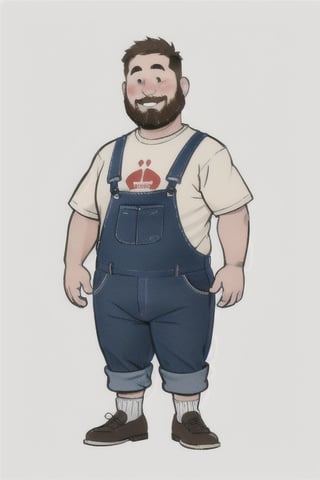 chibi, style parody, ((masterpiece, best quality)), absurdres, hmdmg1 1man, 35 years old, very fat. Very short beard, wearing a gray casual t-shirt. Brown overalls. Black leather shoes. Blush, blush stickers, solo, smiling, looking at the viewer, cowboy lens, film composition, opposition, simple background, white background, eldmeisterog style, sks style, sketch art, wooden legs, ruffled clothing,