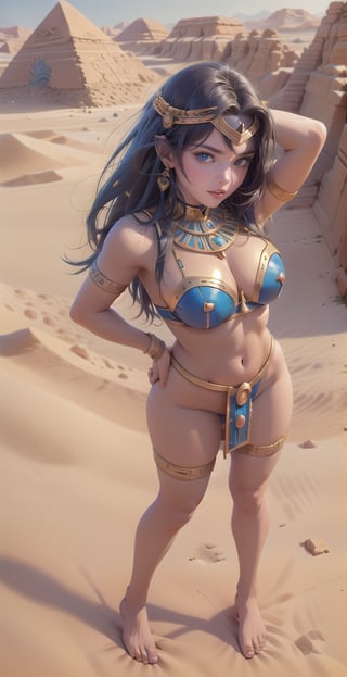 (masterpiece), 1girl, best quality, expressive eyes, perfect face, wide hips, blue eyes,  ,narrow waist,substitute_teacher, full_body , looking-at-viewer,mascaraTears,Sexy Pose,Styles Pose,egypt, desert background, upper body,( from above), 