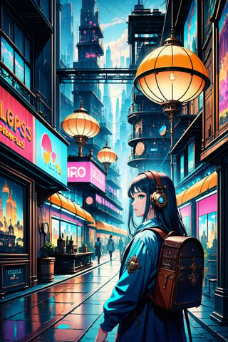 Dreampolis, hyper-detailed digital illustration, steampunk, single girl with techsuite hoodie and headphones in the street, neon lights, lighting bar, city, steampunk city, film still, backpack, in megapolis, pro-lighting, high-res, masterpiece