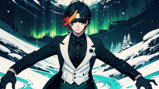 (masterpiece),1boy,vivid,a handsome maestro man, black blindfold cover all his eyes, wearing slick green tuxedo,wavy undercut hair,multicolored hair,green bangs,black anklepants,. 20 years old, thin beard, black silver wand,aurora,snow mountain, forest,solo,white background,evil face,prince vibe