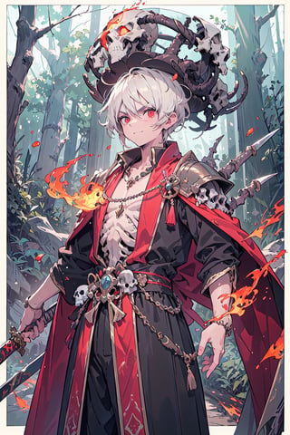 , a magician, wearing a luxurious emperor's outfit. short wavy hairstyle,skeleton, red eyes Furrowed brows and mischievous smiles, a skull rod, and a fire forest sword of magic in the background.
It's all a skeleton.
 high-quality rendering, showcasing he personality and unique features serious face expression 
