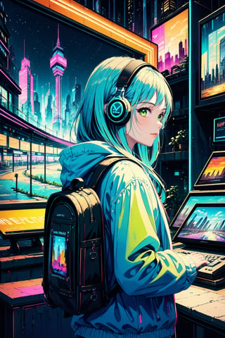 Dreampolis, hyper-detailed digital illustration, cyberpunk, single girl with techsuite hoodie and headphones in the street, neon lights, lighting bar, city, cyberpunk city, film still, backpack, in megapolis, pro-lighting, high-res, masterpiece