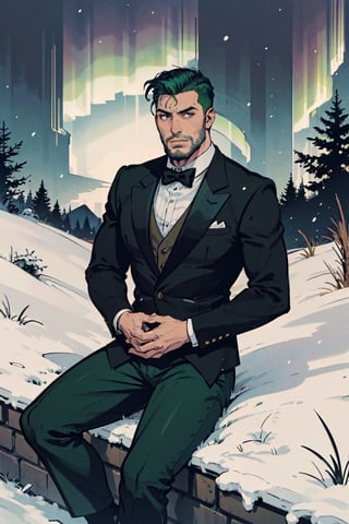 (masterpiece),1boy,vivid,a handsome maestro man, , wearing slick green tuxedo,wavy undercut hair,multicolored hair,green bangs,black anklepants,. 20 years old, thin beard, black silver wand,aurora,snow mountain, forest,solo,black background,evil face,prince vibe,ray tracing,pose like nba logo