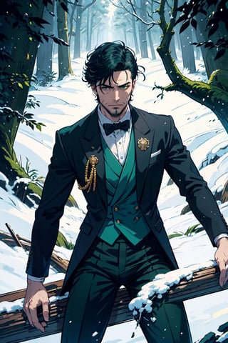 (masterpiece),1boy,vivid,a handsome maestro man, , wearing slick green tuxedo,wavy undercut hair,multicolored hair,green bangs,black anklepants,. 20 years old, thin beard, black silver wand,aurora,snow mountain, forest,solo,white background,evil face,prince vibe