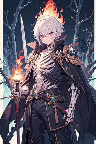 Boy, a warrior, wearing a luxurious emperor's outfit. Medium-parted short hairstyle cute skeleton wide eyes Furrowed brows and mischievous smiles, a skull rod, and a fire forest sword of magic in the background.
It's all a skeleton.
 high-quality rendering, showcasing he personality and unique features.

