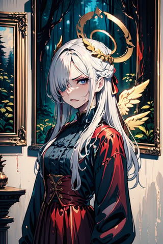 (masterpiece,best quality),1girl, evil, white hair, wavy hair,blue eyes, golden halo on her head, angel wings, hair over one eye, in the forest, blood,serious face expression 