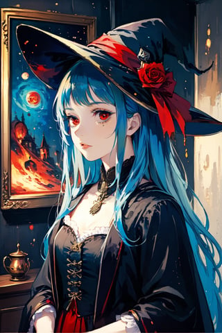 Red eyes, evil, blue hair,outer space,witch,Long hair,horror theme, masterpiece 