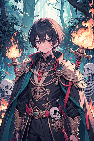 Boy, a warrior, wearing a luxurious emperor's outfit. Medium-parted short hairstyle cute skeleton wide eyes Furrowed brows and mischievous smiles, a skull rod, and a fire forest sword of magic in the background.
It's all a skeleton.
 high-quality rendering, showcasing he personality and unique features.
