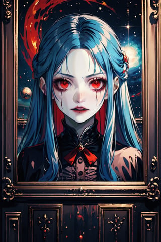 Red eyes, evil, blue hair,High detailed,outer space,witch,Long hair,horror (theme)