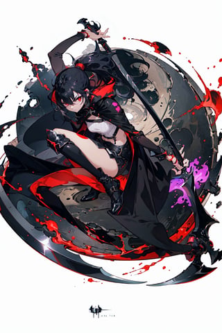 A women with red eyes, ponytail black hair, fullbody, black shoes 
.
 Best quality rendering, serious .
Black cloak, black purple aura, perfect scythe, 