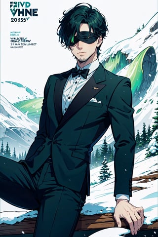 (masterpiece),1boy,vivid,a handsome maestro man, black blindfold cover all his eyes, wearing slick green tuxedo,wavy undercut hair,multicolored hair,green bangs,black anklepants,. 20 years old, thin beard, black silver wand,aurora,snow mountain, forest,solo,white background,evil face,prince vibe