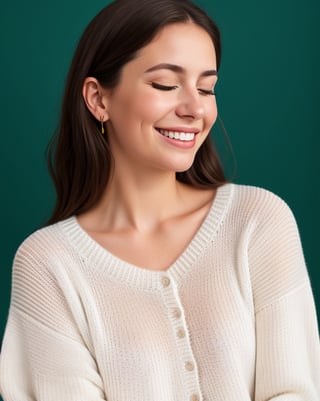 A smiling young caucasian woman wearing a white sweater, eyes closed
studio portrait, low-angle_shot, minimalist, emerald green background, 

4k, flash photography, photorealistic, 

Sony Alpha a7 III camera with a Sony FE 24-105mm f/4 G OSS lens, photography, photorealistic, Realism, photorealistic