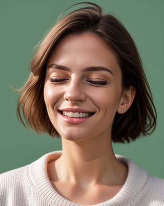 A smiling young caucasian woman wearing a white sweater, eyes closed, and a big smile
green background, distance shot
studio portrait, low-angle_shot, minimalist, distance shot, full-body shot

4k, flash photography, photorealistic, 

Sony Alpha a7 III camera with a Sony 70-200mm f/2.8 lens, photography, photorealistic, Realism, photorealistic, flash, flashlight, flash,Extremely Realistic