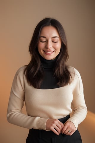 A beautiful smiling caucasian young woman wearing a black turtle neck sweater, eyes closed, studio portrait, minimalist, Champagne background, 
Sony Alpha a9, Eye level shot, studio lighting, photoshoot, photography by Annie Leibovitz, 
shot by ARRI Alexa LF camera with ARRI Signature Primes lens 12mm T1.8 ,4k, flash portrait photography,