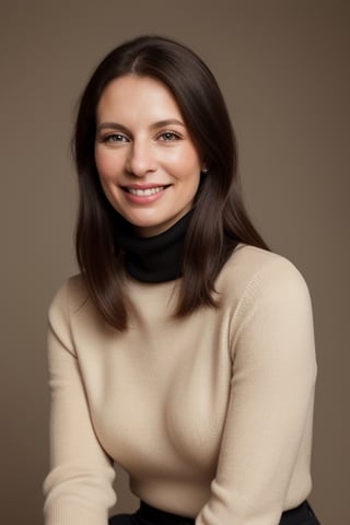 a beautiful smiling caucasian woman wearing a black turtle neck sweater, studio portrait, minimalist, Champagne background, 
Sony Alpha a9, Eye level shot, studio lighting, photoshoot, photography by Annie Leibovitz, 
shot by ARRI Alexa LF camera with ARRI Signature Primes lens 12mm T1.8 ,4k, flash portrait photography,