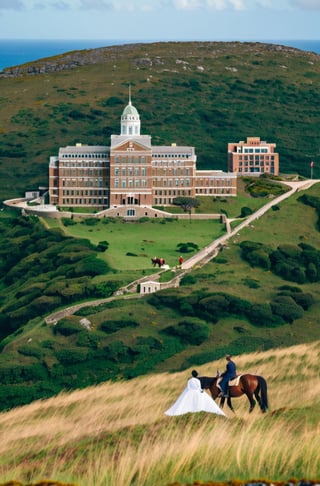 a photo of a big old hospital on a hill of an island. A doctor is looking at the building from a horse.
