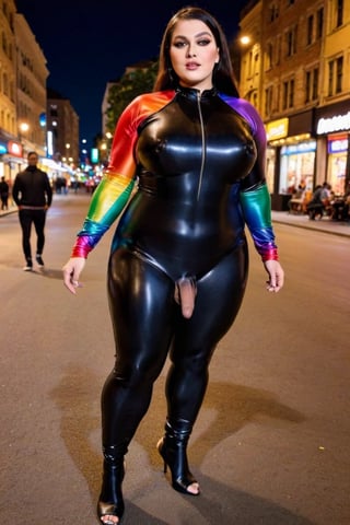 BBW Femboy wearing rainbow satin dark shiny Longest Biggest Zipper  suit  👗, Hijab rainbow, at night in the street among ordinary people , festival 
party on the street  large flac-futa 