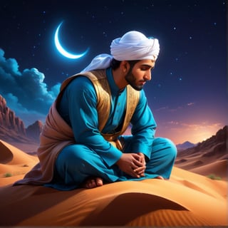 a detailed 8k illustration, a muslim man with sincere heart prostrating in the middle of desert at night, a majestic sky   .  detailmaster2, 